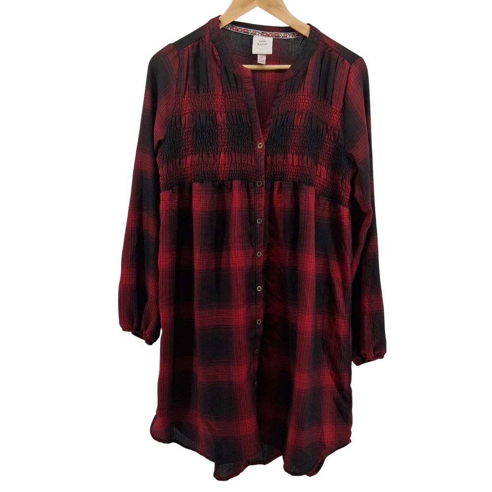Knox‎ Rose Plaid Smocked Tunic Dress Red Black Boho Peasant Top Medium